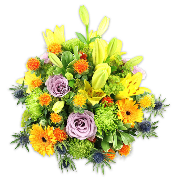 A vibrant, densely assembled bouquet photographed on a stark white background so each colour and texture reads clearly. Dominant yellow Asiatic lilies thrust upward-some petals fully unfurled and freckled, others tucked as elegant buds-creating vertical movement and a sunny focal rhythm. Soft lavender-purple roses rest centrally, their delicate spirals introducing a calming, romantic centre. Large orange Gerbera daisies, with flat, radiating petals and deep centres, scatter joyful bursts of colour across the mass, while lime green 'button' chrysanthemums form plush, textured cushions that give the piece a generous, garden-fresh silhouette. Small, rounded orange and golden-yellow accent blooms-reminiscent of Craspedia or spiky pom-poms-add playful punctuation and tactile contrast. Striking blue-grey sea thistles (Eryngium) emerge along the lower and side margins; their bristly, sculptural heads provide a cool, contemporary counterpoint to the otherwise warm palette. Leaves of different shapes and sheens-broad lily greens, glossy fillers, and feathery sprigs-frame and support the flowers, their verdant tones unifying the arrangement. The lighting is soft and neutral, lifting surface textures and suggesting the faint scent of lilies and roses mingling in the air. The overall mood is celebratory and comforting: suitable as a bright centerpiece for a family table, an uplifting birthday gift, or a tasteful piece to mark gratitude or sympathy. Thoughtfully composed by a local hand familiar with Harringay's neighbourhood tastes, it would sit equally well in a Harringay Green Lanes flat or on a café table near Hermitage Road.